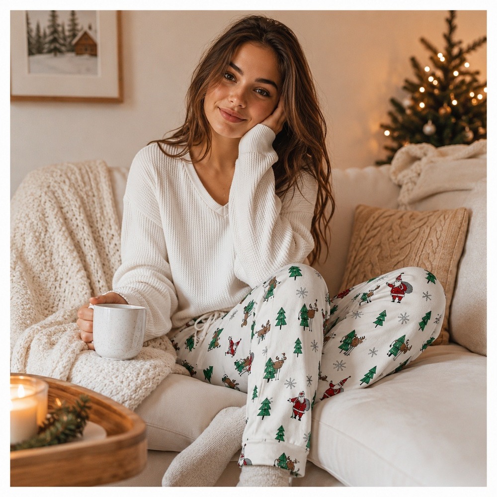 Company Store Christmas Pajama Pants Womens XS White Santa Holiday Cozy Cotton